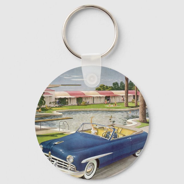 Chaveiro Viagem de verão antiga, carro conversível e motel (Frente)