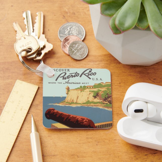Chaveiro Viagens vintage Art, Descubra Porto Rico! (Mesa)