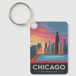 Chaveiro Viagens vintage Chicago Sunset Skyline Cityscape