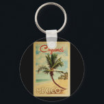 Chaveiro Viagens vintage da Árvore Palm Cozumel<br><div class="desc">Um impressão de arte do século médio único,  Cozumel moderno do século ,  no estilo poster viagens vintage. Ele apresenta uma palmeira curva na praia arenosa com oceano sob um céu azul nublado.</div>