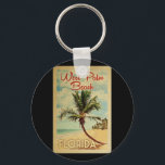 Chaveiro Viagens vintage de Palm Beach<br><div class="desc">Uma impressão de arte moderna de West Palm Beach,  na Flórida,  do século médio,  em estilo viagens vintage. Ele apresenta uma palmeira curva na praia arenosa com oceano sob um céu azul nublado.</div>