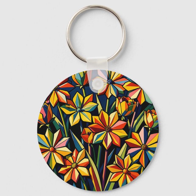 Chaveiro Vibrante Buquê de Flores Geométricas Arco-íris (Frente)