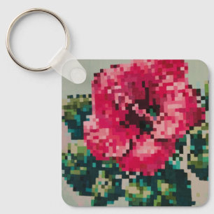 Chaveiro Vibrante hibisco em arte pixel rosa