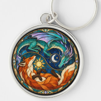 Chaveiro Vidro Colorido Celestial de Raposa e Dragão