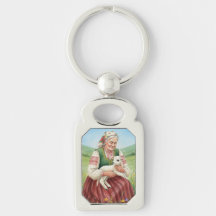 Vintage Folk Art Grandma Lamb Metal Keychain