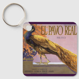 Chaveiro Vintage Fruta Rótulo de Crato Art El Pavo Peacock