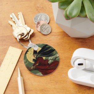 Chaveiro Vintage Halloween Bruxa Andando Broomstick com Cat