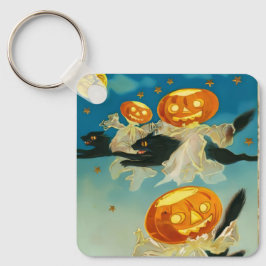Chaveiro Vintage Halloween Pumpkin Fantasmas e Gatos Negros