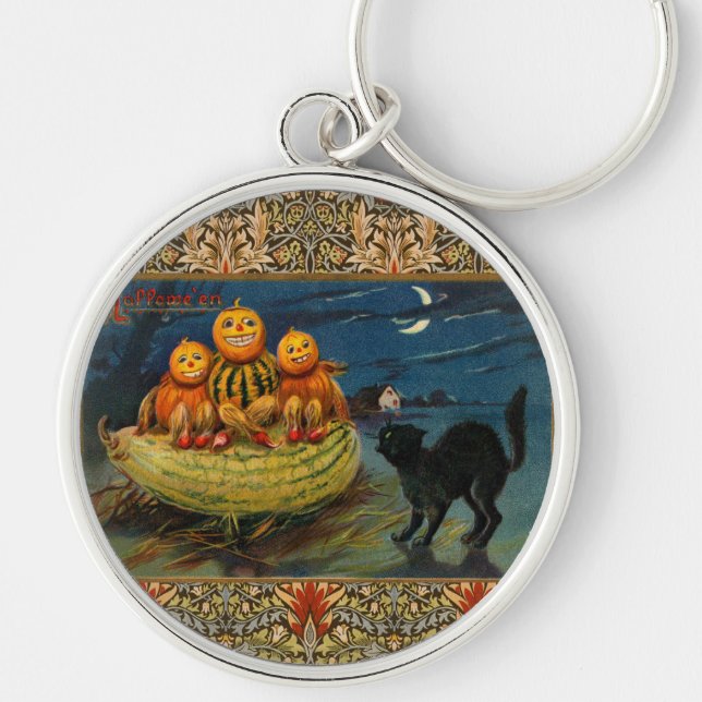 Chaveiro Vintage Halloween Pumpkins Black Cat (Frente)