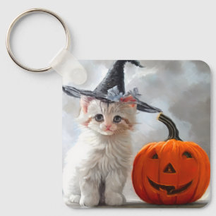 Chaveiro Vintage Halloween White Kitten e Jack-o-lantern