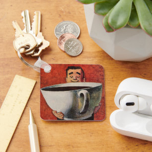 Chaveiro Vintage Happy Man Bebendo Xícara Gigante de Café