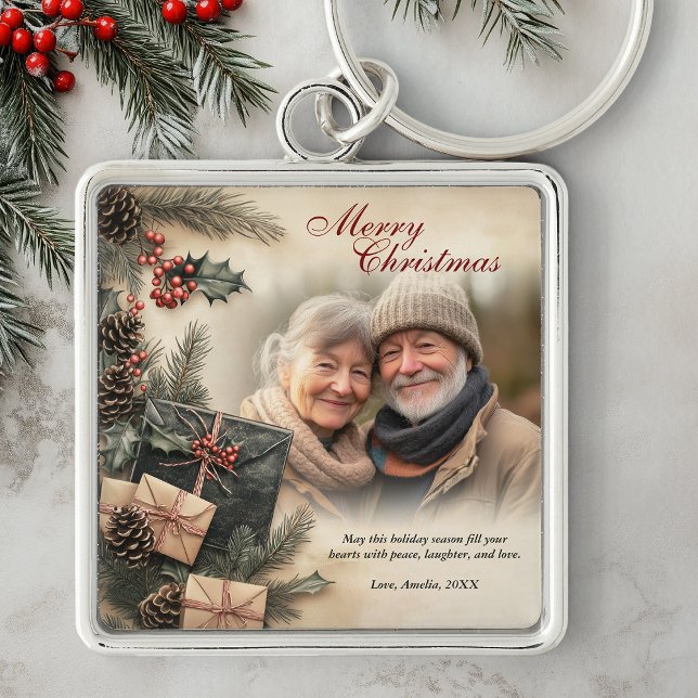 Chaveiro Vintage Holly Berries Beige Foto de Natal (Vintage Holly Berries Beige Photo Christmas Keychain)