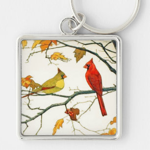 Chaveiro Vintage Japanese drawing, Cardinals on a branch