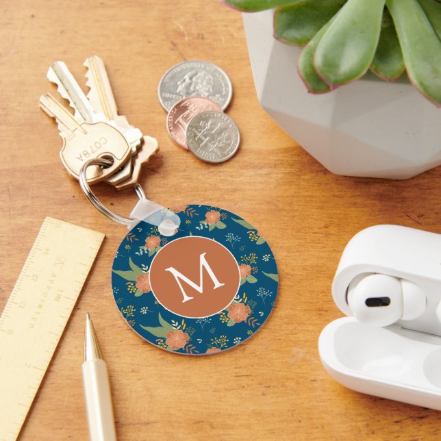 Chaveiro Vintage Peach Flower Pattern Dark Blue Monogram (Mesa)