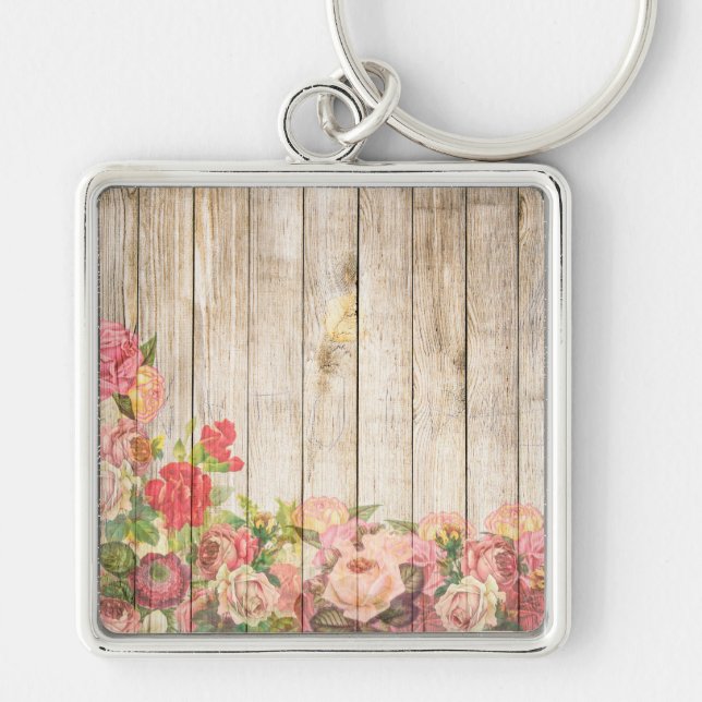 Chaveiro Vintage Rosas Rústicos Românticos Madeira (Frente)