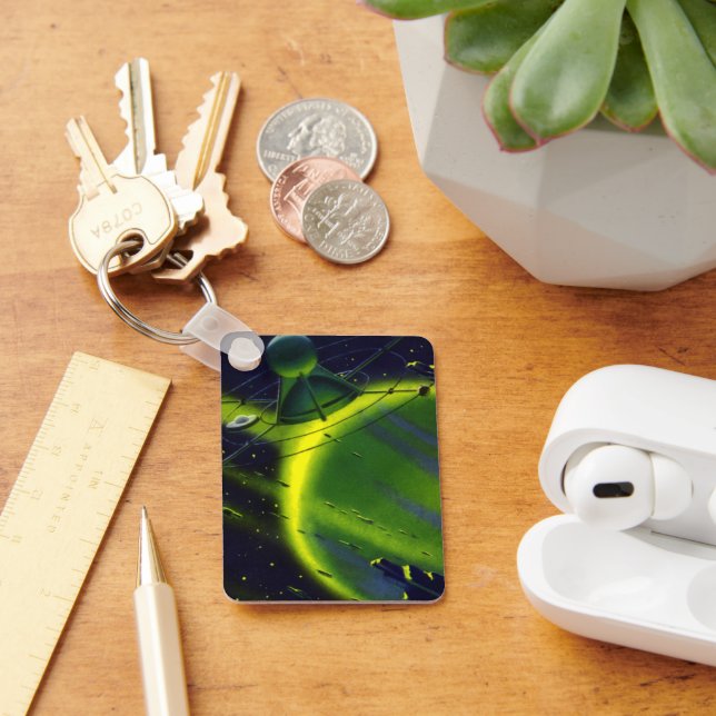 Chaveiro Vintage Science Fiction Green Planet w Spaceship (Mesa)