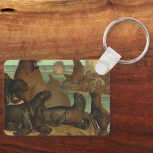 Chaveiro Vintage Sea Lions na praia, Marine Life Animal