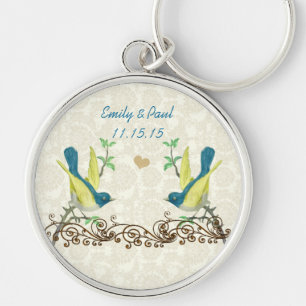 Chaveiro Vintage Teal & Yellow Love Birds Chave Chain