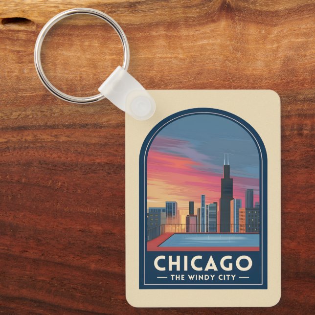 Chaveiro Vintage Travel Chicago Sunset Skyline Cityscape (Frente)