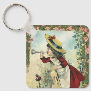 Chaveiro Vintage Victorian Child, Garota Soprando Bugle Mea