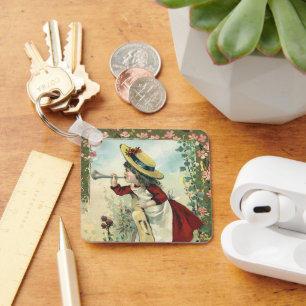 Chaveiro Vintage Victorian Child, Garota Soprando Bugle Mea