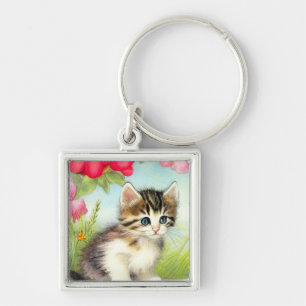 Chaveiro Vintage White e Brown Kitten com Flores