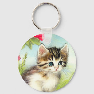 Chaveiro Vintage White e Brown Kitten com Flores