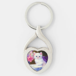 Chaveiro Vintage White Kitten com Fita Roxa