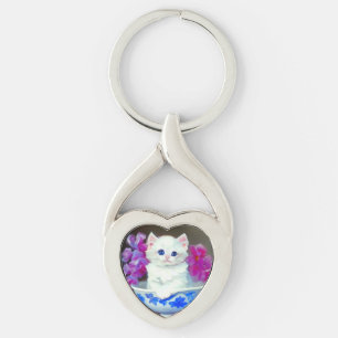 Chaveiro Vintage White Kitten com Flores Rosa