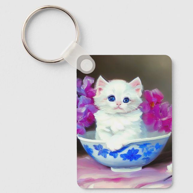 Chaveiro Vintage White Kitten com Flores Rosa (Frente)