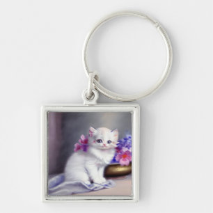 Chaveiro Vintage White Kitten com Flores Rosa e Púrpura