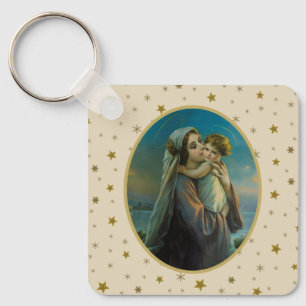 Chaveiro Virgem Maria e Jesus Bebê no Fundo Estrelado