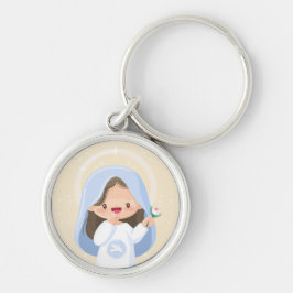Chaveiro Virgem Maria Kawaii Quente Segurando Flor – Bege