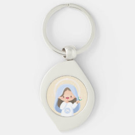 Chaveiro Virgem Maria Kawaii Sorridente com Flor – Bege