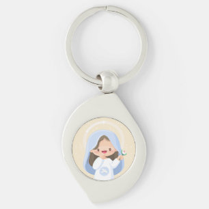 Chaveiro Virgem Maria Kawaii Sorridente com Flor – Bege