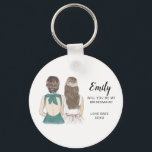 Chaveiro Você será minha dama de honra?<br><div class="desc">Você será minha proposta de Bridesmaid tecendo um toque simples e clássico "Você vai ser minha dama de honra?" com uma dama e dama de honra. Personalize o nome e a função de sua preferência. Veja nossa coleção para outros penteados e vestidos.</div>