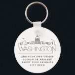 Chaveiro Washington DC Estilizou Skyline | Slogan Personali<br><div class="desc">Uma cadeia chave única que representa a bela cidade de Washington DC. Este chaveiro apresenta uma ilustração estilizada do horizonte único da cidade com seu nome embaixo. Por baixo do nome da cidade está um lugar para o seu slogan ou afirmação exclusivo sobre a sua cidade favorita.</div>