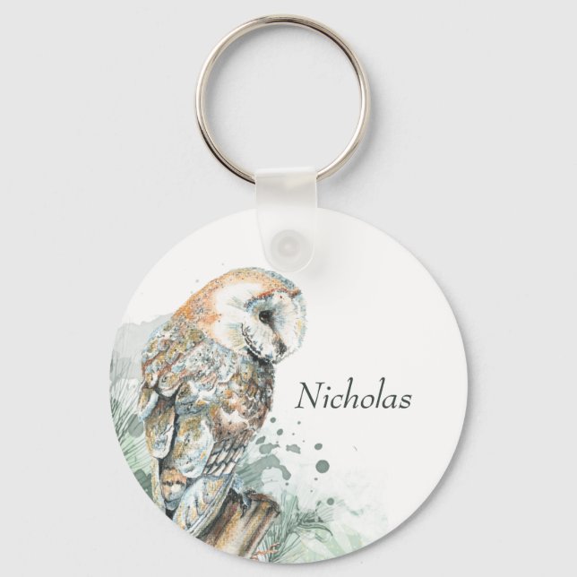 Chaveiro Watercolor Barn Owl Bird Willife Nature Art Ke (Verso)