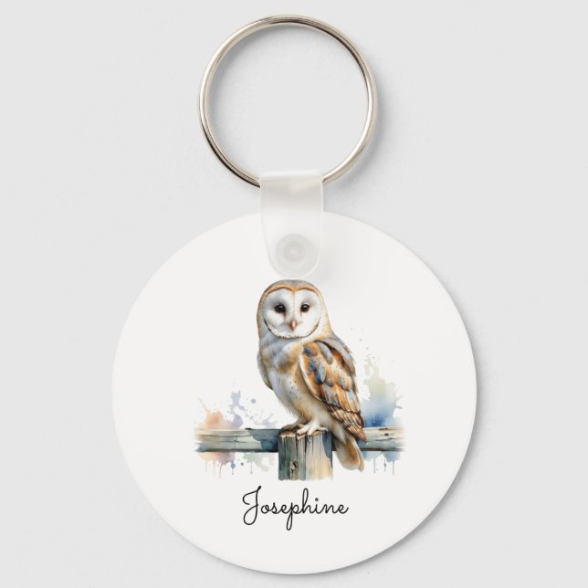 Chaveiro Watercolor Barn Owl Elegant Personalized Name (Frente)