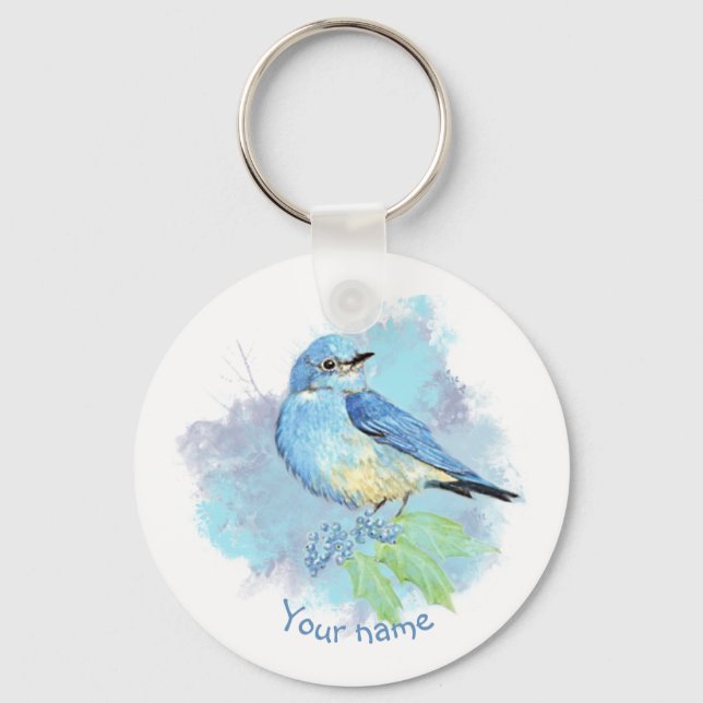 Chaveiro Watercolor Bluebird Pretty Blue Garden Bird Art (Frente)