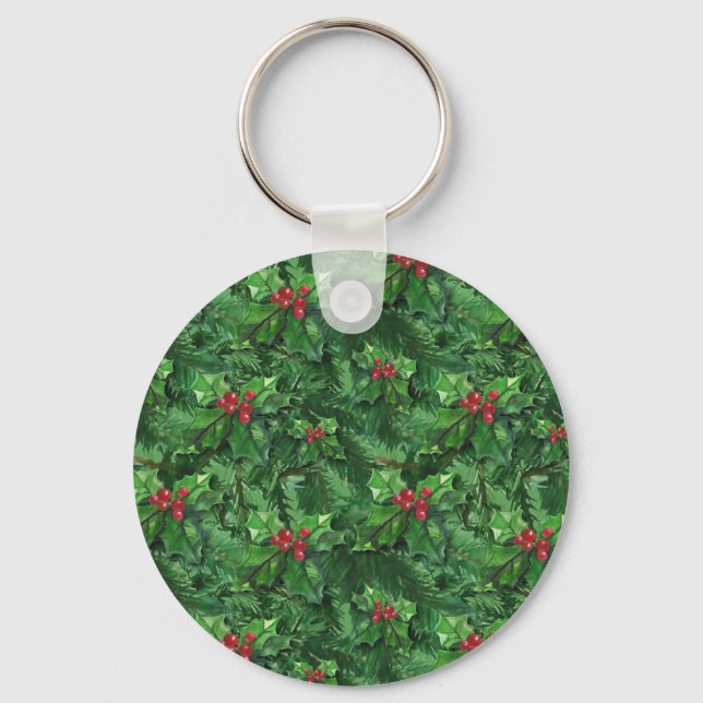Chaveiro Watercolor Christmas Holly Berries (Frente)