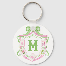 Chaveiro Watercolor Pink & Green Bow Mahjong Monogram Crest