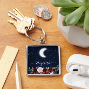 Chaveiro Watercolor Sky Celestial Lua Estrelas Floral