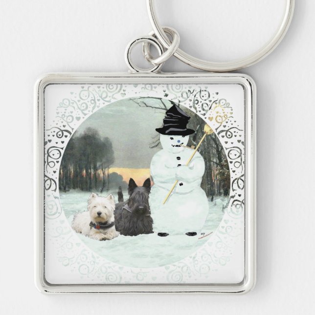 Chaveiro Westie e Scottie Constroem um Boneco de Neve (Frente)