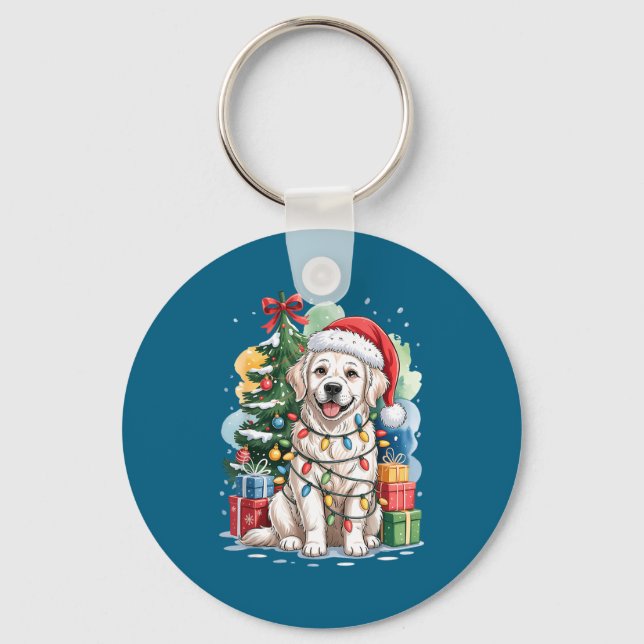 Chaveiro White English Golden Retriever Santa Hat Christmas (Frente)