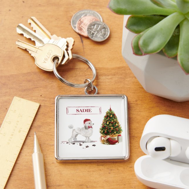 Chaveiro White Poodle Engraçado Cachorro de Natal com Árvor (Mesa)