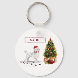 Chaveiro White Poodle Engraçado Cachorro de Natal com Árvor