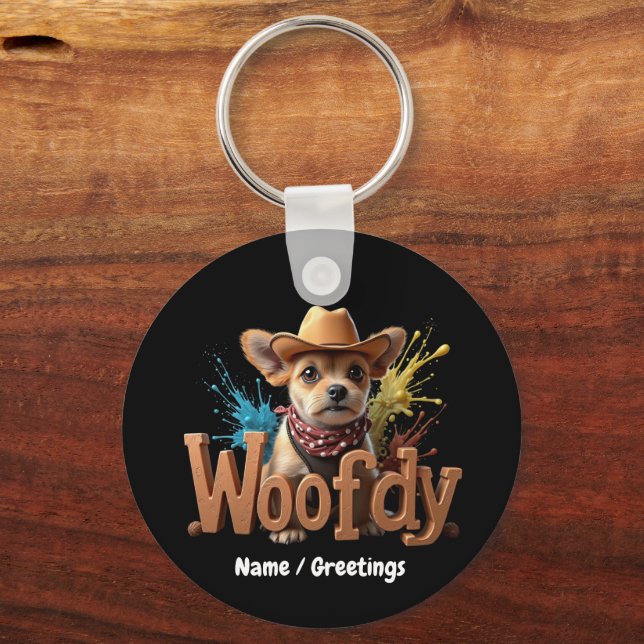 Chaveiro Woofdy Cachorro Caubói Engraçado no Texas (Frente)