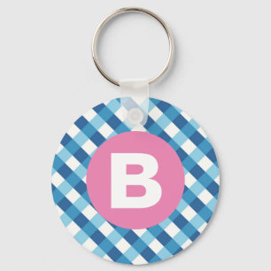 Chaveiro Xadrez Azul e Branco Monograma Rosa