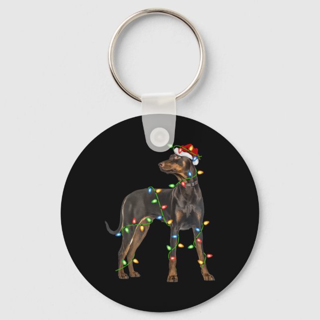 Chaveiro Xmas Lights Santa Hat Doberman Nscher Dog Christ  (Frente)